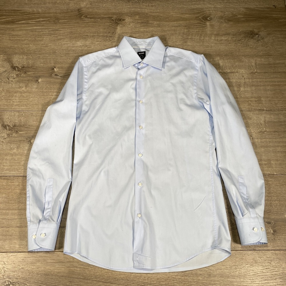 BOSS Shirt Mens Small Blue Slim Fit Organic Cotton Dress Button Up Long Sleeve